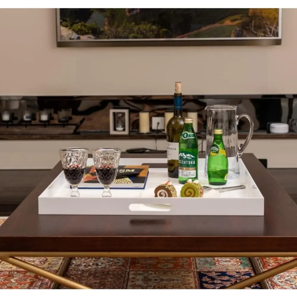 Extra Large 24x24 White Acrylic Serving Tray w Handles Glossy Butler - Picture 4 of 8